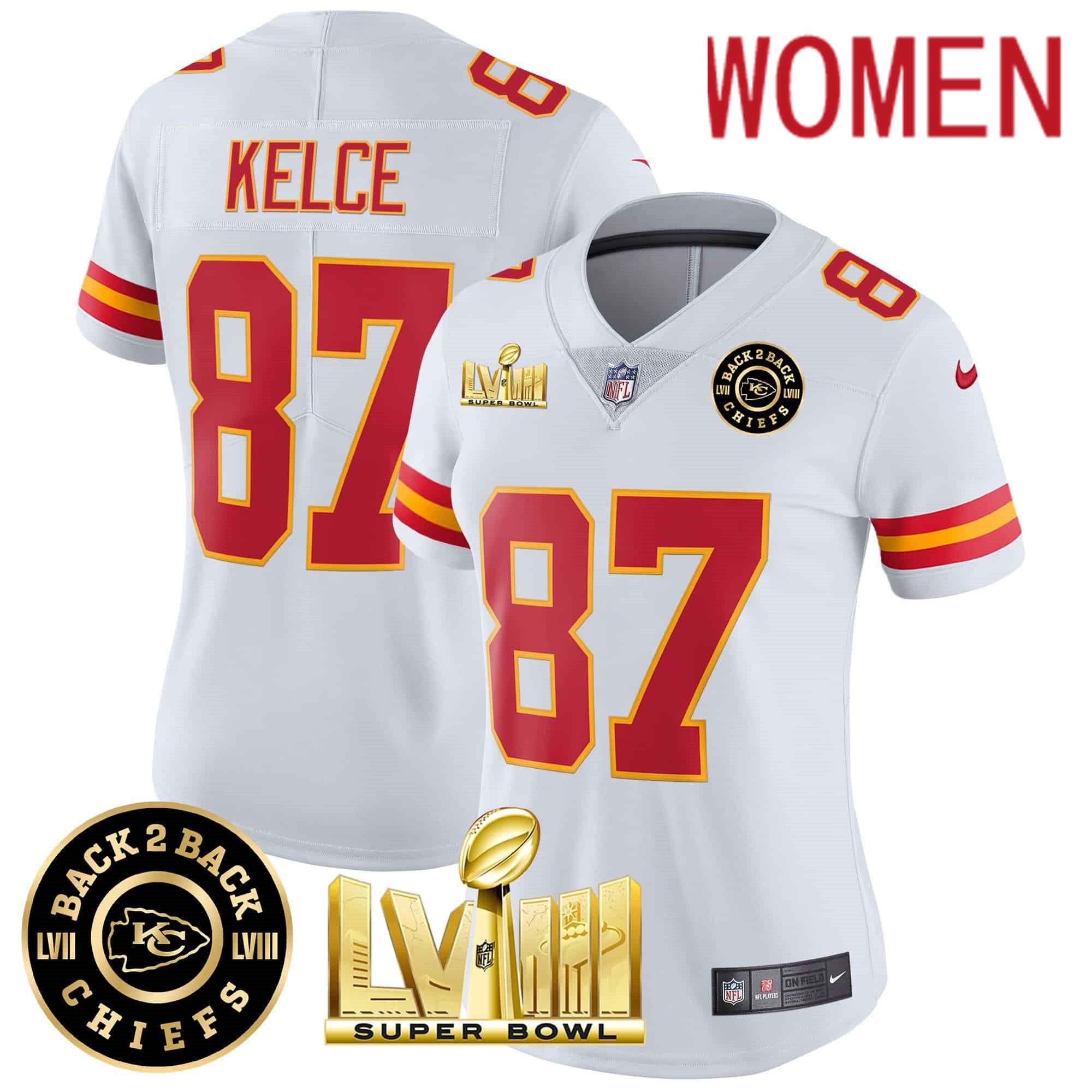 Women Kansas City Chiefs #87 Kelce White 2024 Nike Super Bowl LVIII & Back-2-Back Patch Vapor NFL Jersey